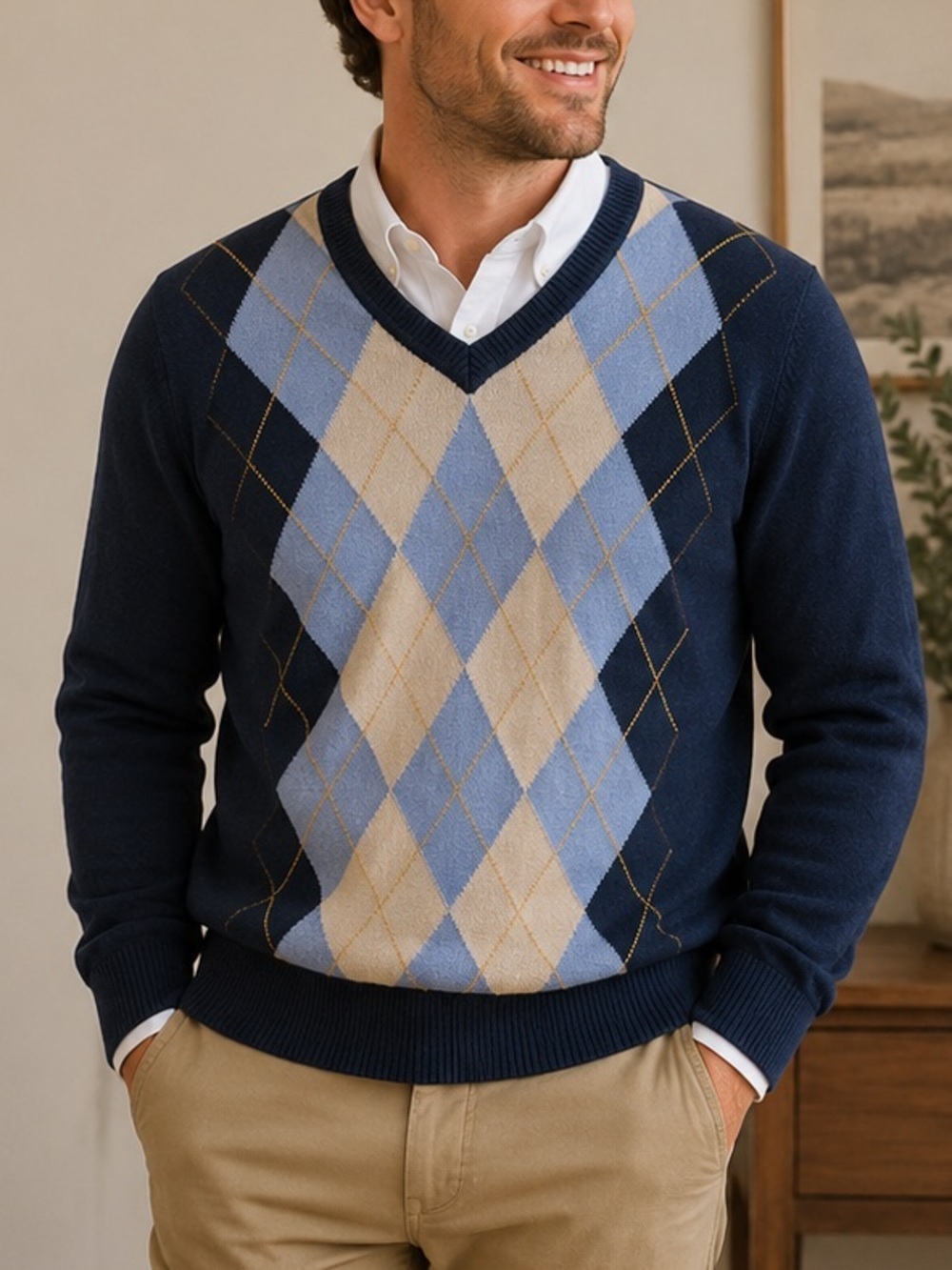 St. John's Bay Men's NAVY BLUE Argyle V-Neck Sweater MEDIUM